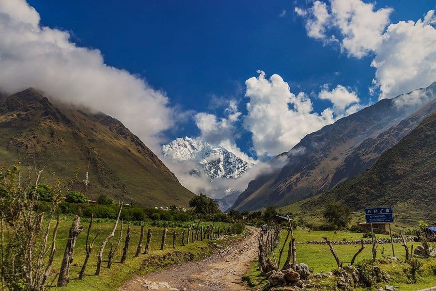 Salkantay trek path towards the snow-capped Andes