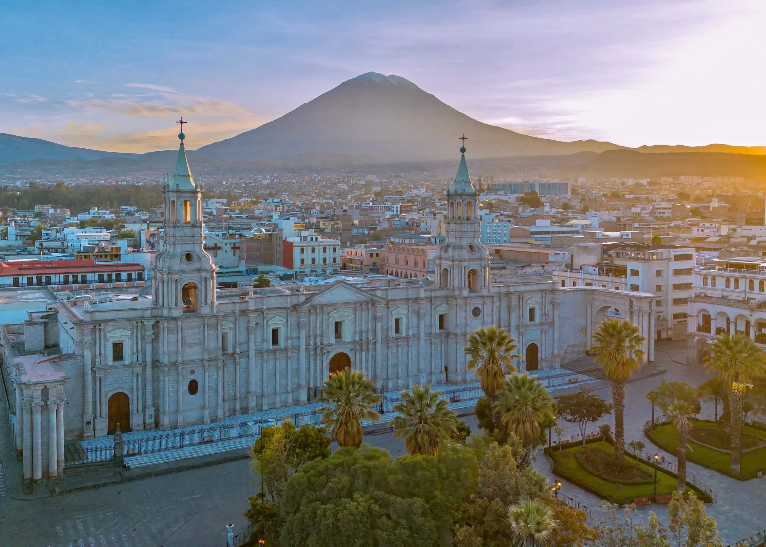 Arequipa Cathedral with Misti volcano in the background