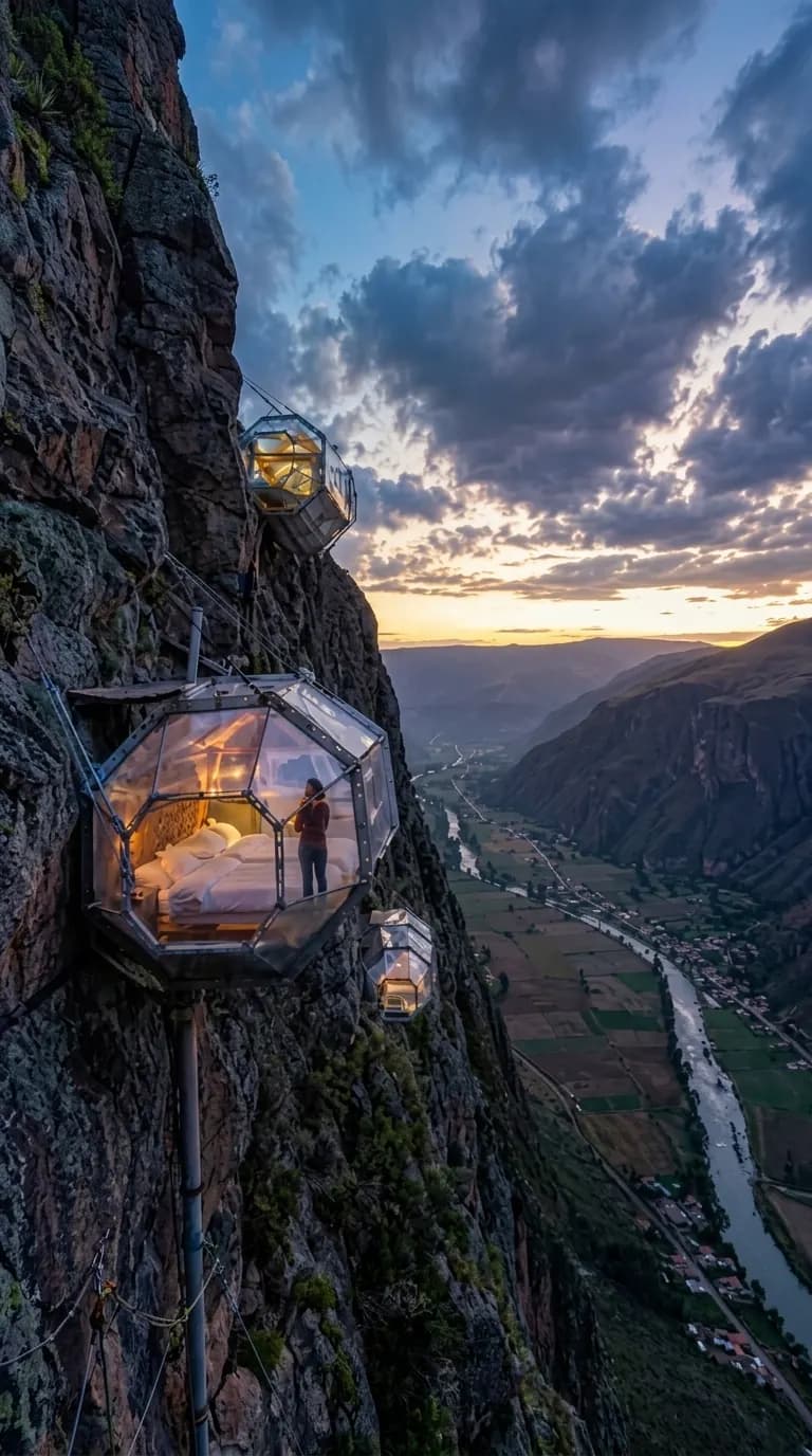 Skylodge capsules suspended on a rock face near Ollantaytambo