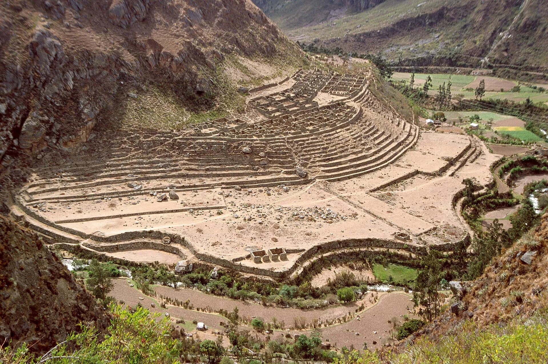 Terraces and ruins of Patallacta in the Cusichaca River valley