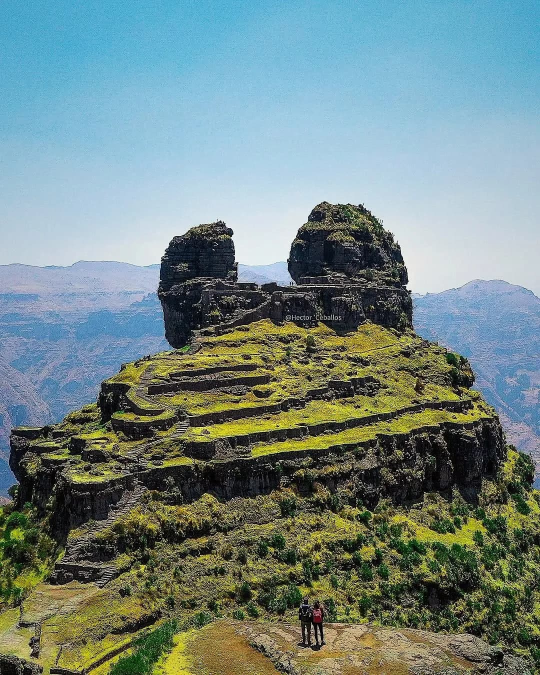 Inca fortress of Waqrapukara on a twin-peaked rock formation